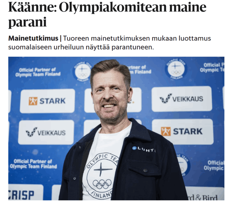 Finsk topsports omdømme er i fremgang – den største forbedring ses i Olympisk Komités omdømme